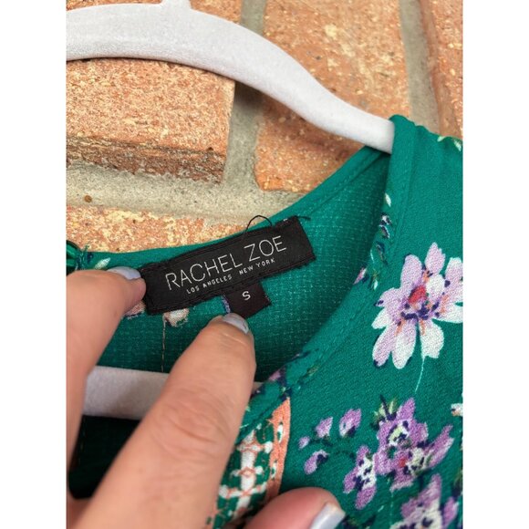 Rachel Zoe Green Floral Boho Peasant Top Puff Sleeves & Tassel Tie Neck Womens S - Picture 4 of 11